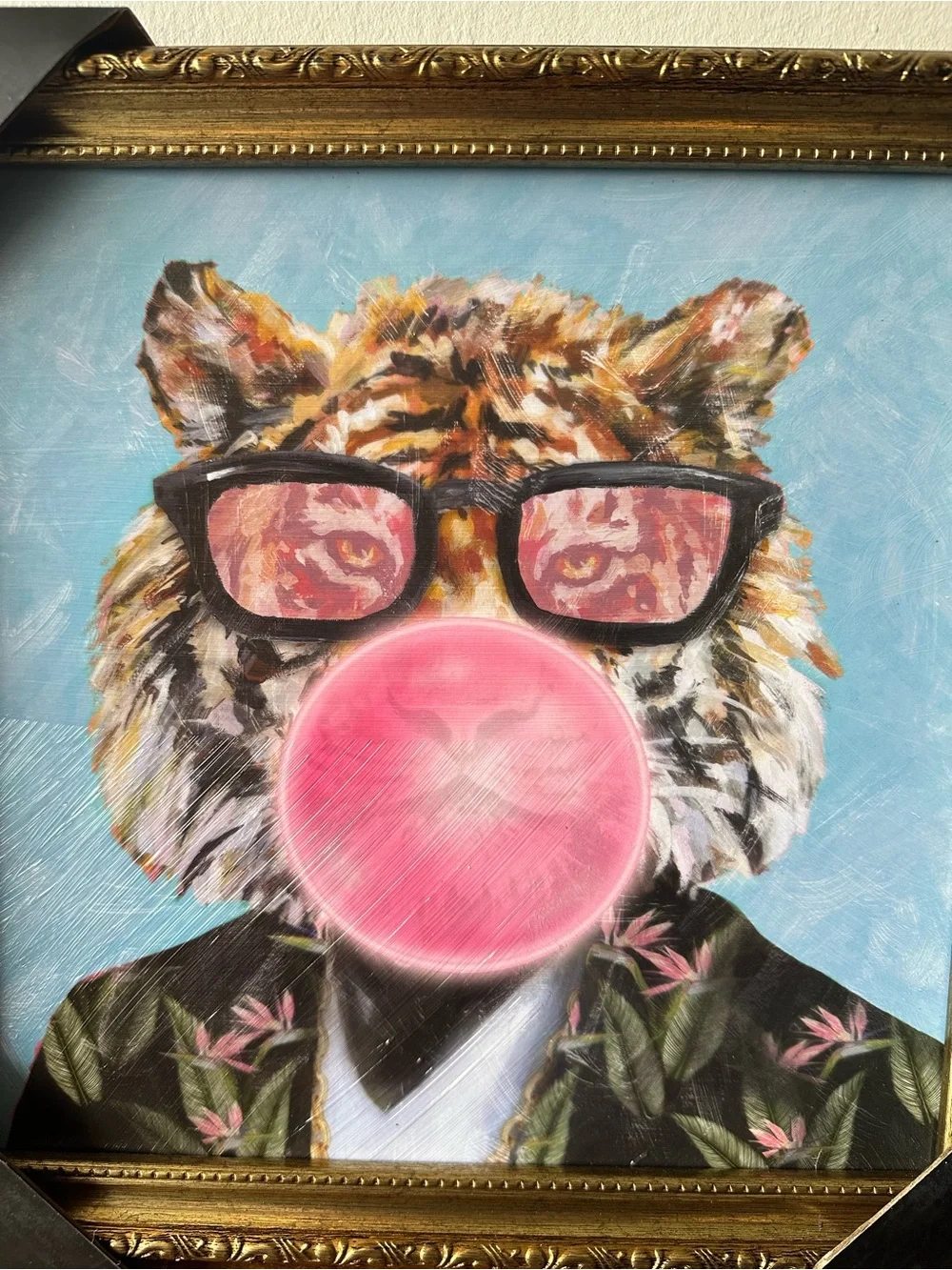 Framed Tiger Portrait with Pink Bubble Gum and Blue Background 13x13 Inches NWT
